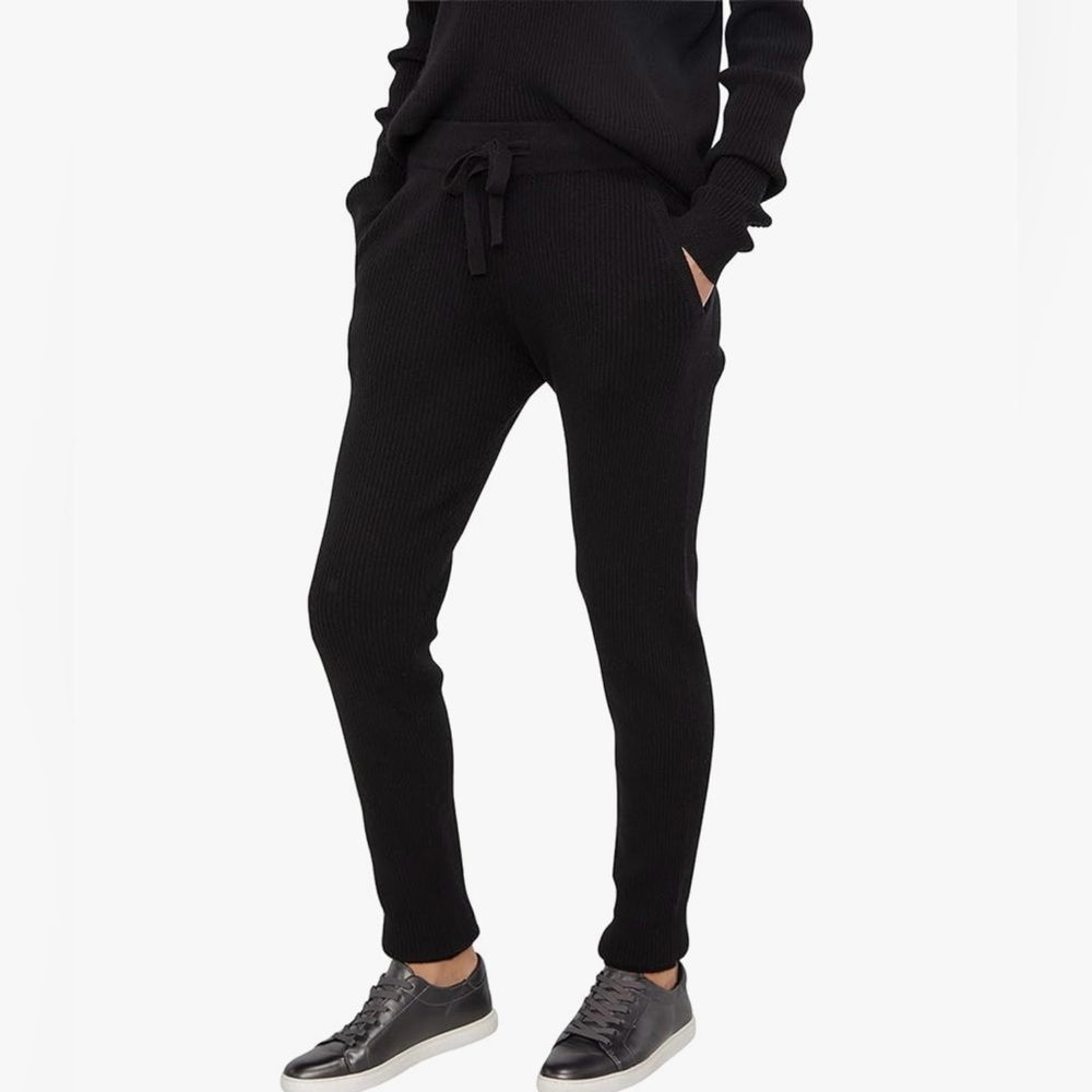 Black Cashmere Joggers 100% Pure Premium Cashmere Ribbed Sweatpants, Large